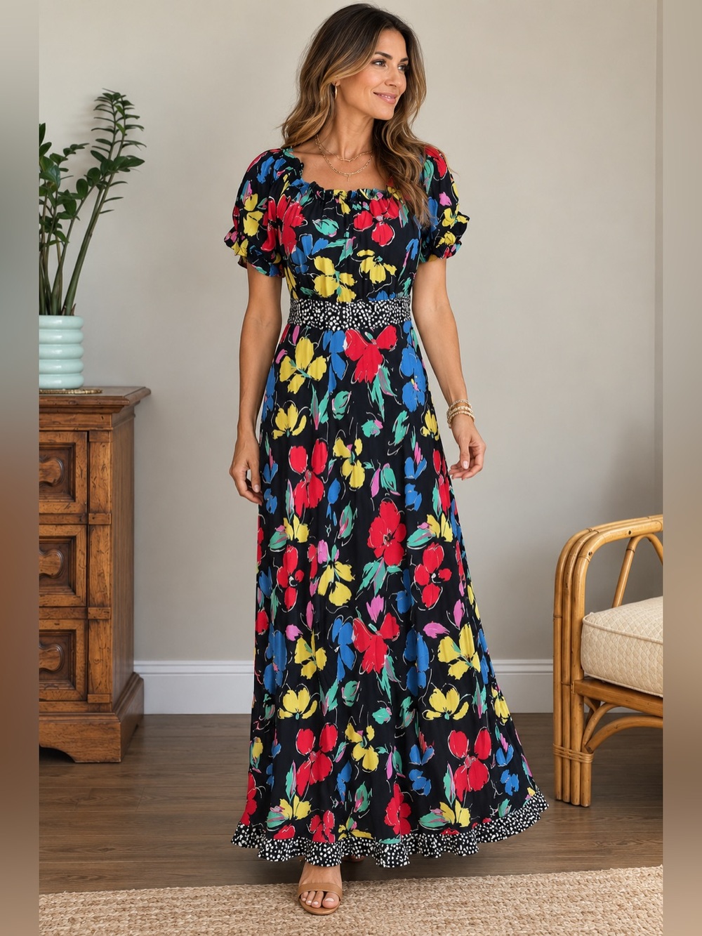 🔹 RIXO Black Floral Maxi Dress with Red, Yellow & Blue Blooms Size 6